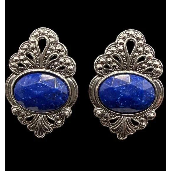 Vintage 80s Silver Blue Purple Faux Cabochon Tone Clip-On Earrings Lot 4 Pairs - Picture 2 of 13